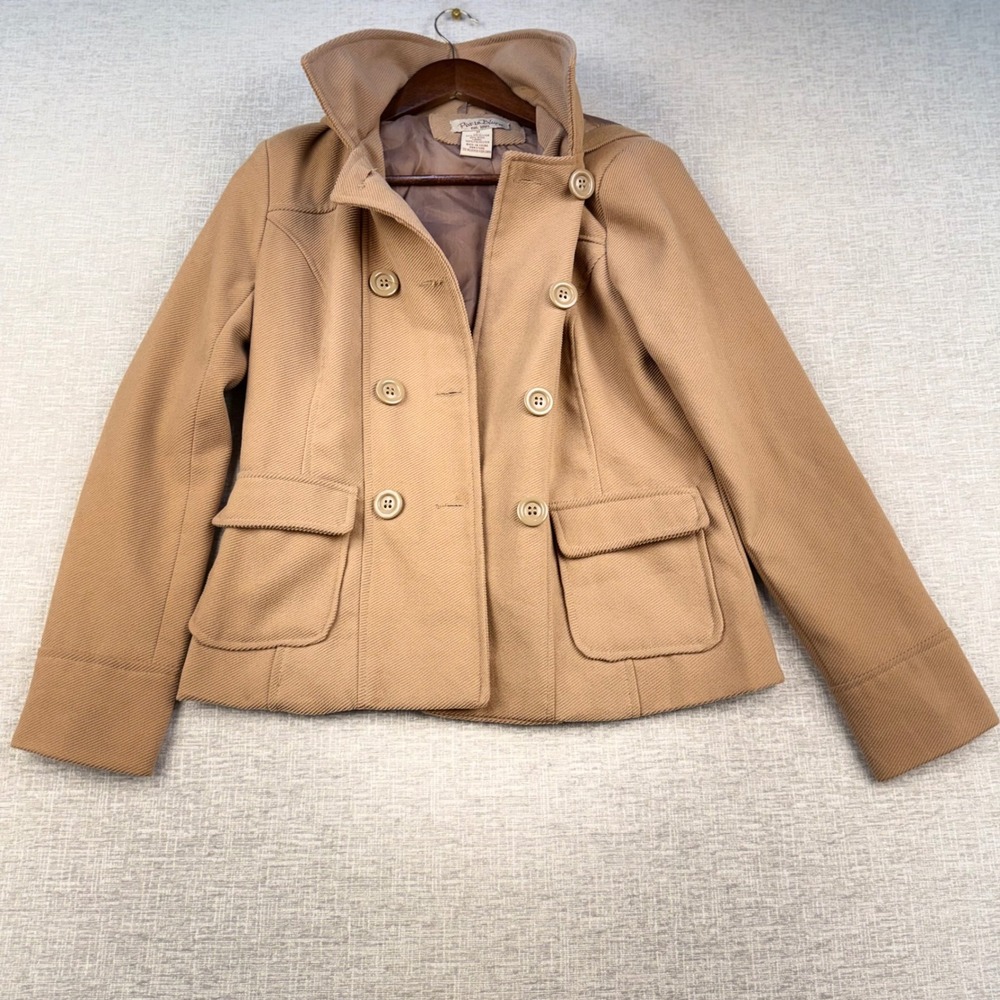Paris Blues Womens Medium Tan Y2K Hooded Double Breasted Peacoat Jacket